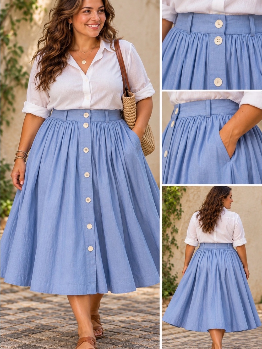 1901 Nordstrom Brand Classic Button-Front Blue Chambray Cotton Midi Skirt - 16